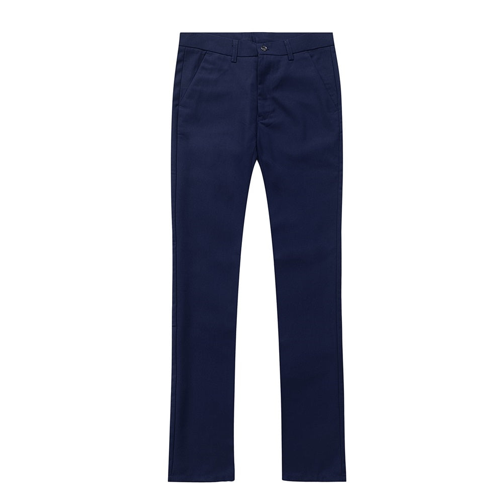 Navy # Men's slim fit 2-piece simple designed suit with peaked lapel and button closure, navy formal blazer jacket with four-button cuffs and matching flat-front trousers with extended waist strap and slanted side pockets, elegant polyester viscose blend suit for business, wedding, office and daily wear, isolated on white background.