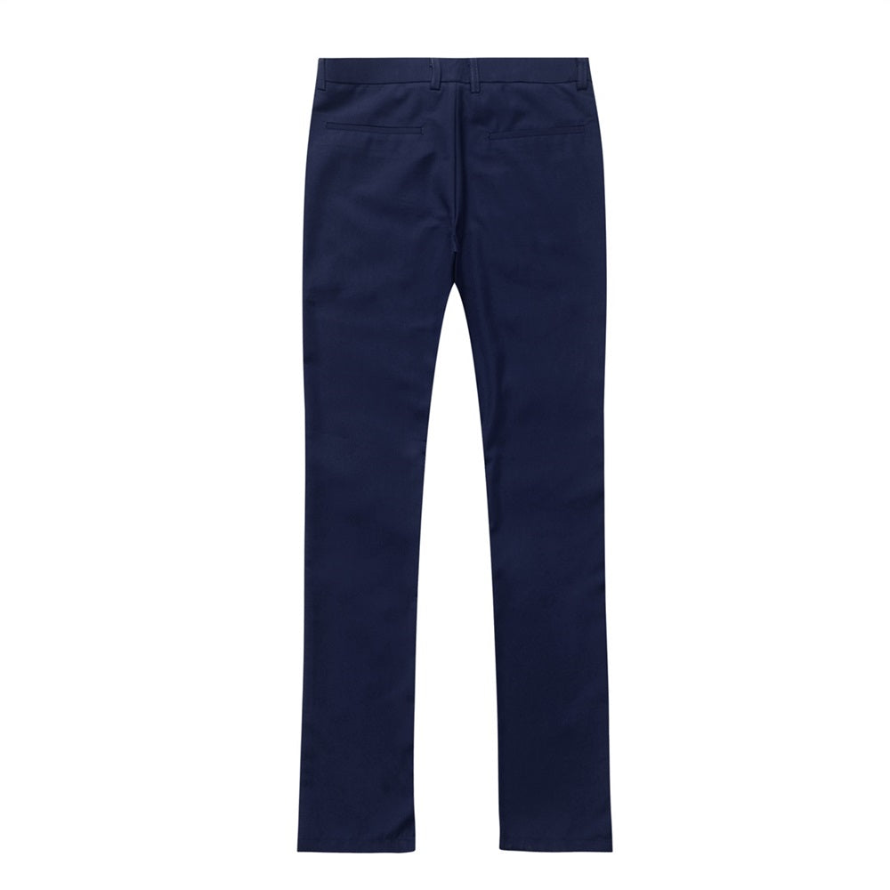Navy # Men's slim fit 2-piece simple designed suit with peaked lapel and button closure, navy formal blazer jacket with four-button cuffs and matching flat-front trousers with extended waist strap and slanted side pockets, elegant polyester viscose blend suit for business, wedding, office and daily wear, isolated on white background.