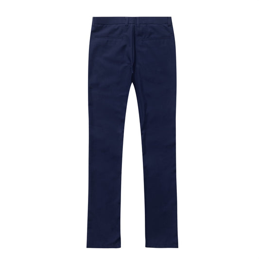 Navy # Men's slim fit 2-piece simple designed suit with peaked lapel and button closure, navy formal blazer jacket with four-button cuffs and matching flat-front trousers with extended waist strap and slanted side pockets, elegant polyester viscose blend suit for business, wedding, office and daily wear, isolated on white background.