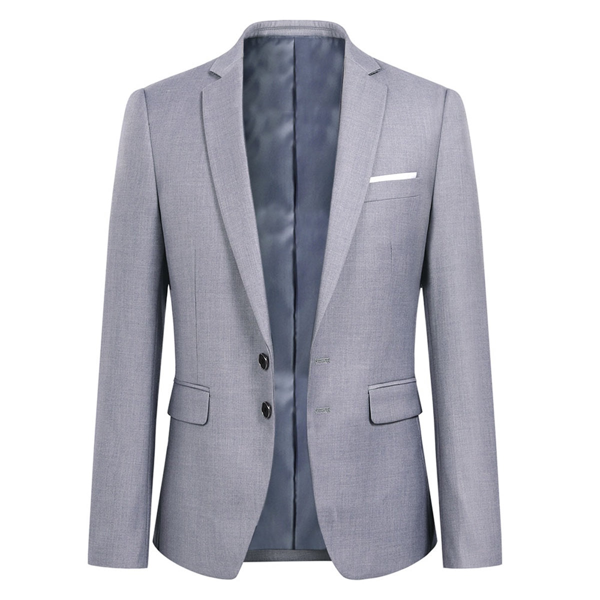 Light Grey # Men's classic two-button blazer with notched lapel and single-breasted closure, light grey solid sport coat jacket with four-button cuffs and exquisite handkerchief pocket for business, office, wedding and casual daily wear, isolated on white background.