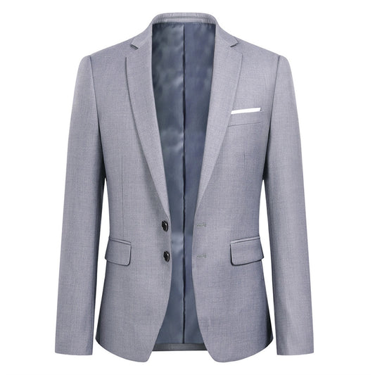 Light Grey # Men's classic two-button blazer with notched lapel and single-breasted closure, light grey solid sport coat jacket with four-button cuffs and exquisite handkerchief pocket for business, office, wedding and casual daily wear, isolated on white background.