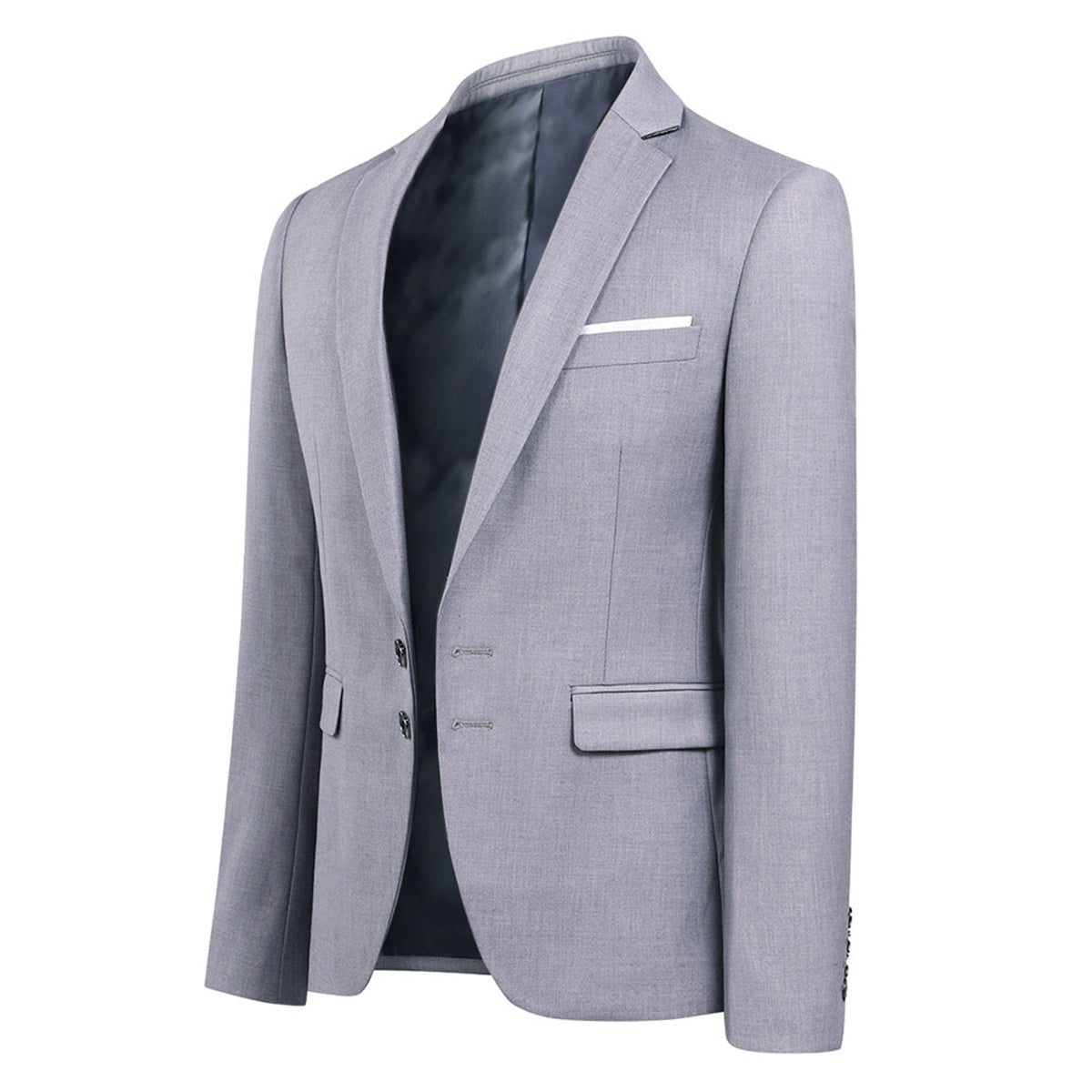 Light Grey # Men's classic two-button blazer with notched lapel and single-breasted closure, light grey solid sport coat jacket with four-button cuffs and exquisite handkerchief pocket for business, office, wedding and casual daily wear, isolated on white background.