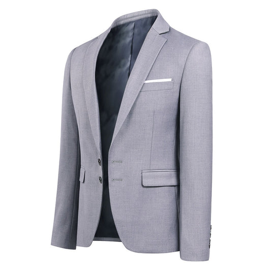 Light Grey # Men's classic two-button blazer with notched lapel and single-breasted closure, light grey solid sport coat jacket with four-button cuffs and exquisite handkerchief pocket for business, office, wedding and casual daily wear, isolated on white background.