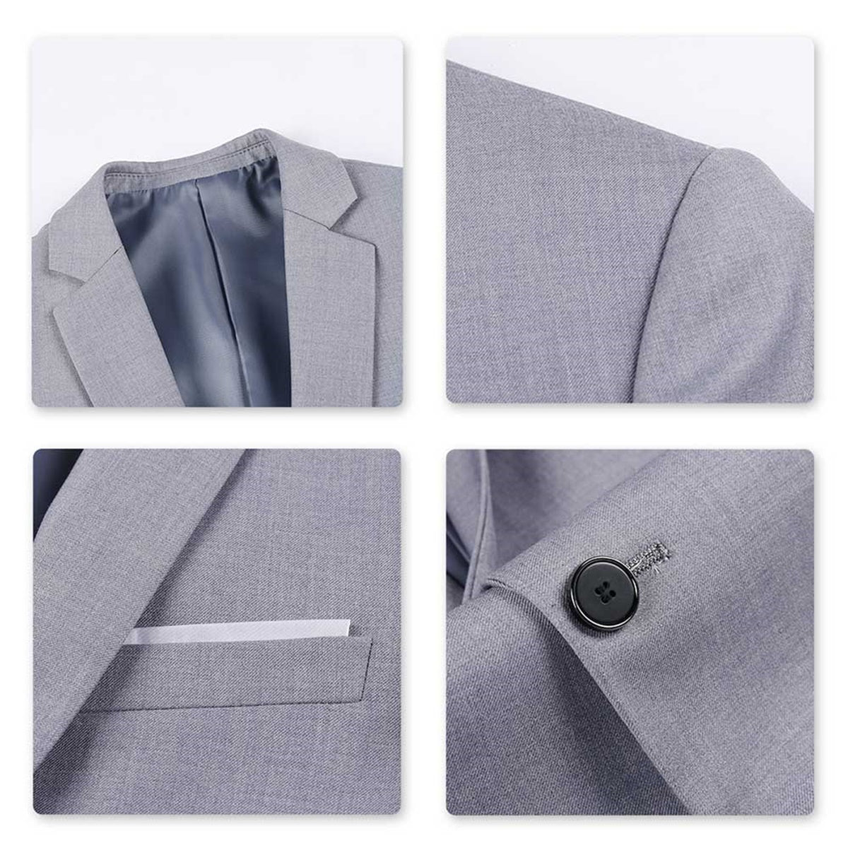 Light Grey # Men's classic two-button blazer with notched lapel and single-breasted closure, light grey solid sport coat jacket with four-button cuffs and exquisite handkerchief pocket for business, office, wedding and casual daily wear, isolated on white background.