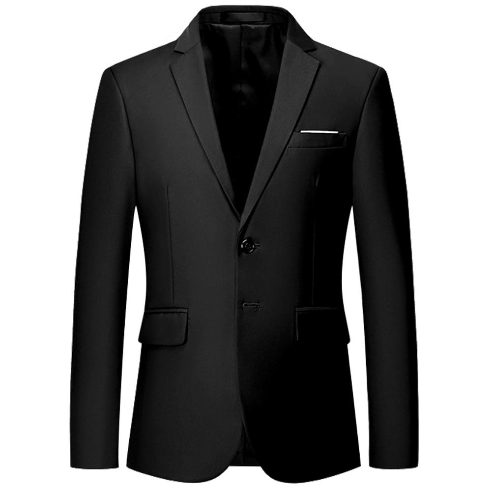 Black # Men's classic two-button blazer with notched lapel and four resin button cuffs, black formal sport coat with handkerchief design and polyester viscose blend fabric for business, office, wedding and daily wear, isolated on white background.