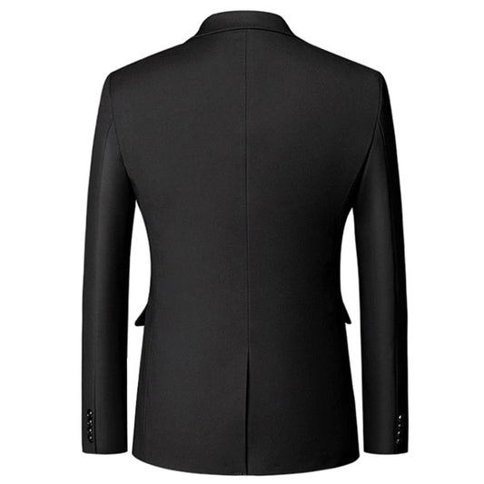 Black # Men's classic two-button blazer with notched lapel and four resin button cuffs, black formal sport coat with handkerchief design and polyester viscose blend fabric for business, office, wedding and daily wear, isolated on white background.