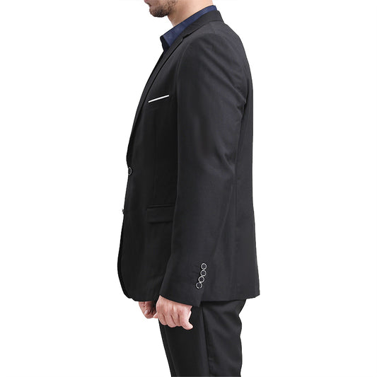 Black # Men's classic two-button blazer with notched lapel and four resin button cuffs, black formal sport coat with handkerchief design and polyester viscose blend fabric for business, office, wedding and daily wear, isolated on white background.