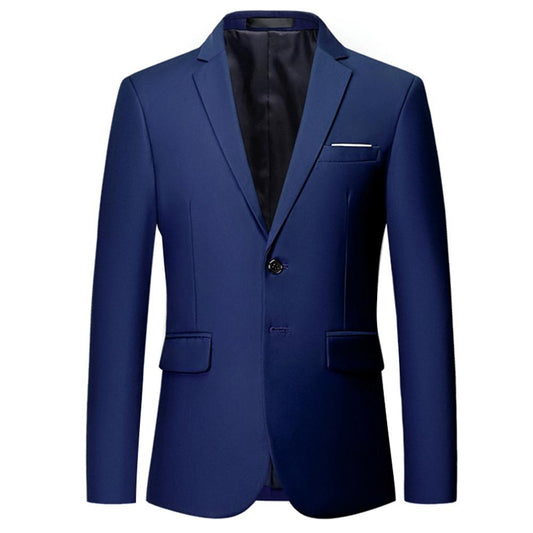 Navy # Men's classic two-button blue blazer with notched lapel and four resin button cuffs, navy formal sport coat with handkerchief design and polyester viscose blend fabric for business, office, wedding and daily wear, isolated on white background.