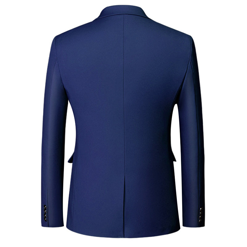 Navy # Men's classic two-button blue blazer with notched lapel and four resin button cuffs, navy formal sport coat with handkerchief design and polyester viscose blend fabric for business, office, wedding and daily wear, isolated on white background.