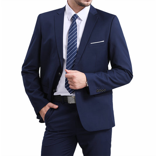 Navy # Men's classic two-button blue blazer with notched lapel and four resin button cuffs, navy formal sport coat with handkerchief design and polyester viscose blend fabric for business, office, wedding and daily wear, isolated on white background.