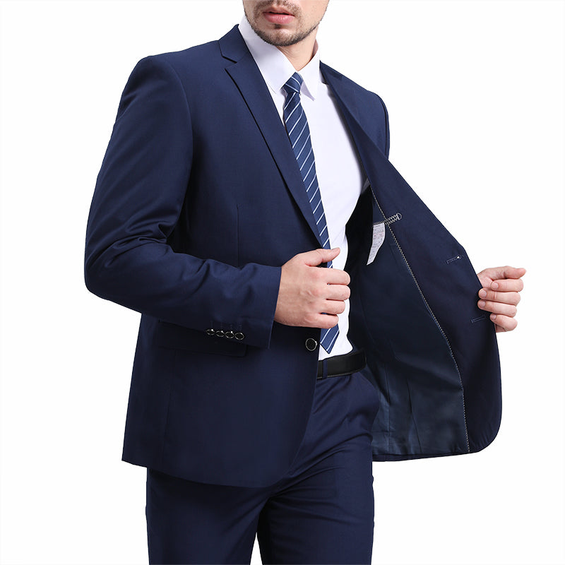 Navy # Men's classic two-button blue blazer with notched lapel and four resin button cuffs, navy formal sport coat with handkerchief design and polyester viscose blend fabric for business, office, wedding and daily wear, isolated on white background.