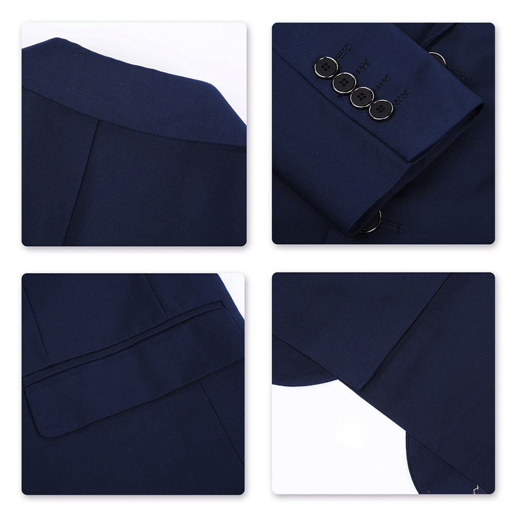 Navy # Men's classic two-button blue blazer with notched lapel and four resin button cuffs, navy formal sport coat with handkerchief design and polyester viscose blend fabric for business, office, wedding and daily wear, isolated on white background.