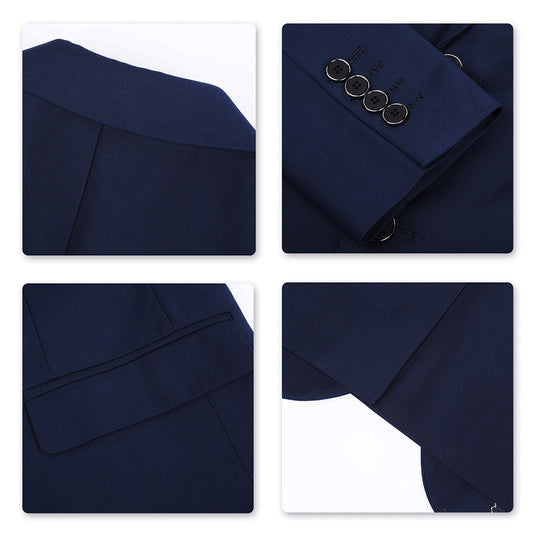 Navy # Men's classic two-button blue blazer with notched lapel and four resin button cuffs, navy formal sport coat with handkerchief design and polyester viscose blend fabric for business, office, wedding and daily wear, isolated on white background.