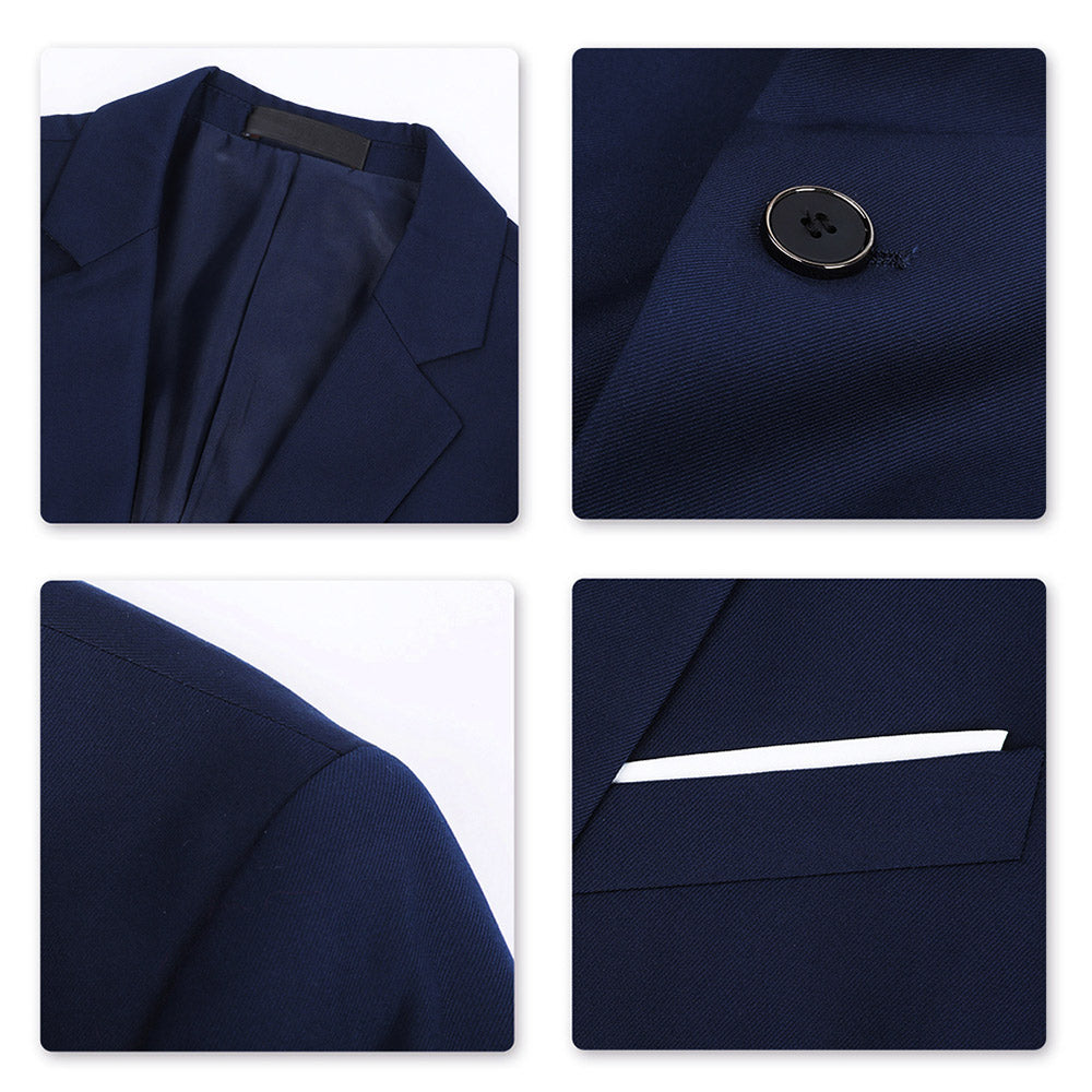 Navy # Men's classic two-button blue blazer with notched lapel and four resin button cuffs, navy formal sport coat with handkerchief design and polyester viscose blend fabric for business, office, wedding and daily wear, isolated on white background.