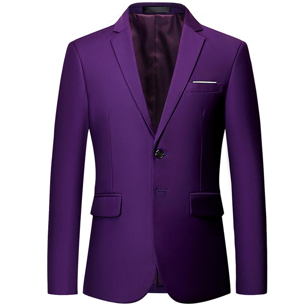 Purple # Men's classic two-button blazer with notched lapel and four resin button cuffs, purple formal sport coat with handkerchief design and polyester viscose blend fabric for business, office, wedding and daily wear, isolated on white background.