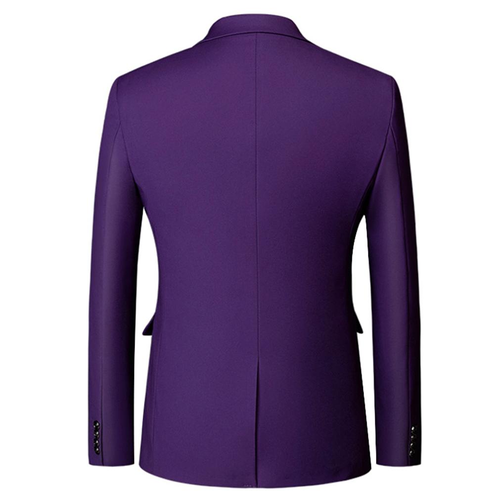Purple # Men's classic two-button blazer with notched lapel and four resin button cuffs, purple formal sport coat with handkerchief design and polyester viscose blend fabric for business, office, wedding and daily wear, isolated on white background.
