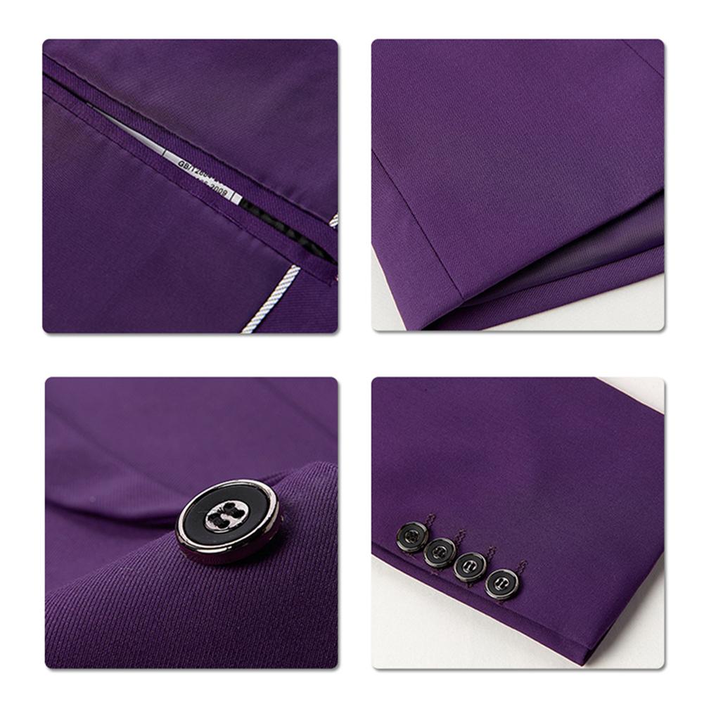 Purple # Men's classic two-button blazer with notched lapel and four resin button cuffs, purple formal sport coat with handkerchief design and polyester viscose blend fabric for business, office, wedding and daily wear, isolated on white background.