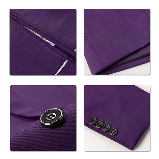 Purple # Men's classic two-button blazer with notched lapel and four resin button cuffs, purple formal sport coat with handkerchief design and polyester viscose blend fabric for business, office, wedding and daily wear, isolated on white background.