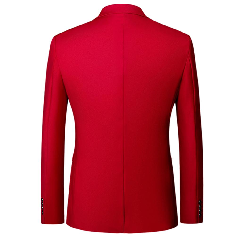 Red # Men's classic two-button blazer with notched lapel and four resin button cuffs, red formal sport coat with handkerchief design and polyester viscose blend fabric for business, office, wedding and daily wear, isolated on white background.