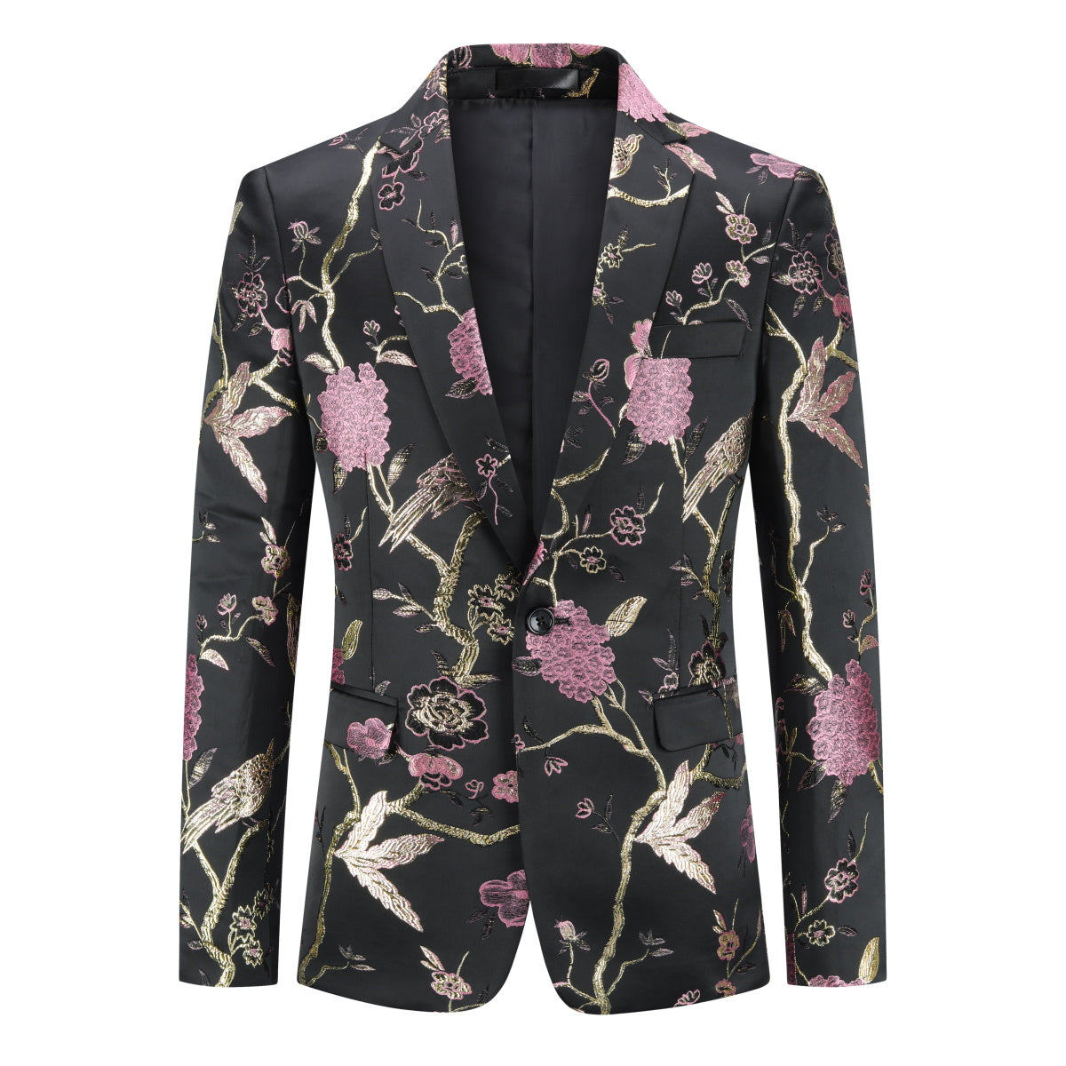 Pink # Men's one-button notched lapel embroidered blazer with single-breasted closure and slim fit, soft and breathable polyester spandex sport coat with elegant embroidery for party, prom, banquet, show, festival and special occasions, isolated on white background.