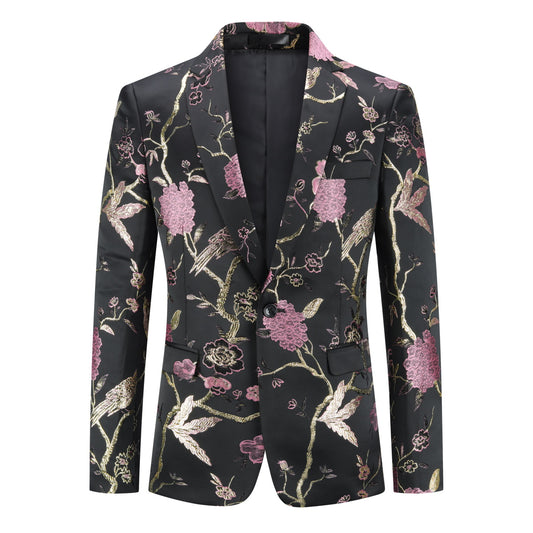 Pink # Men's one-button notched lapel embroidered blazer with single-breasted closure and slim fit, soft and breathable polyester spandex sport coat with elegant embroidery for party, prom, banquet, show, festival and special occasions, isolated on white background.