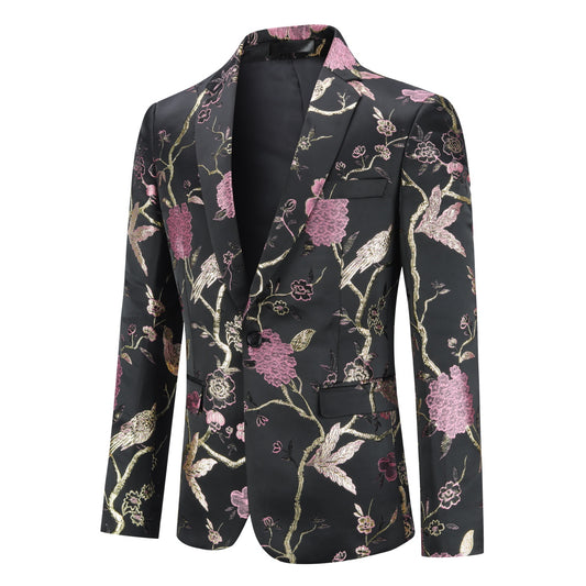 Pink # Men's one-button notched lapel embroidered blazer with single-breasted closure and slim fit, soft and breathable polyester spandex sport coat with elegant embroidery for party, prom, banquet, show, festival and special occasions, isolated on white background.