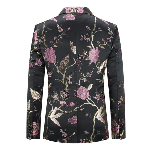 Pink # Men's one-button notched lapel embroidered blazer with single-breasted closure and slim fit, soft and breathable polyester spandex sport coat with elegant embroidery for party, prom, banquet, show, festival and special occasions, isolated on white background.