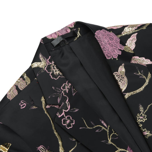 Pink # Men's one-button notched lapel embroidered blazer with single-breasted closure and slim fit, soft and breathable polyester spandex sport coat with elegant embroidery for party, prom, banquet, show, festival and special occasions, isolated on white background.
