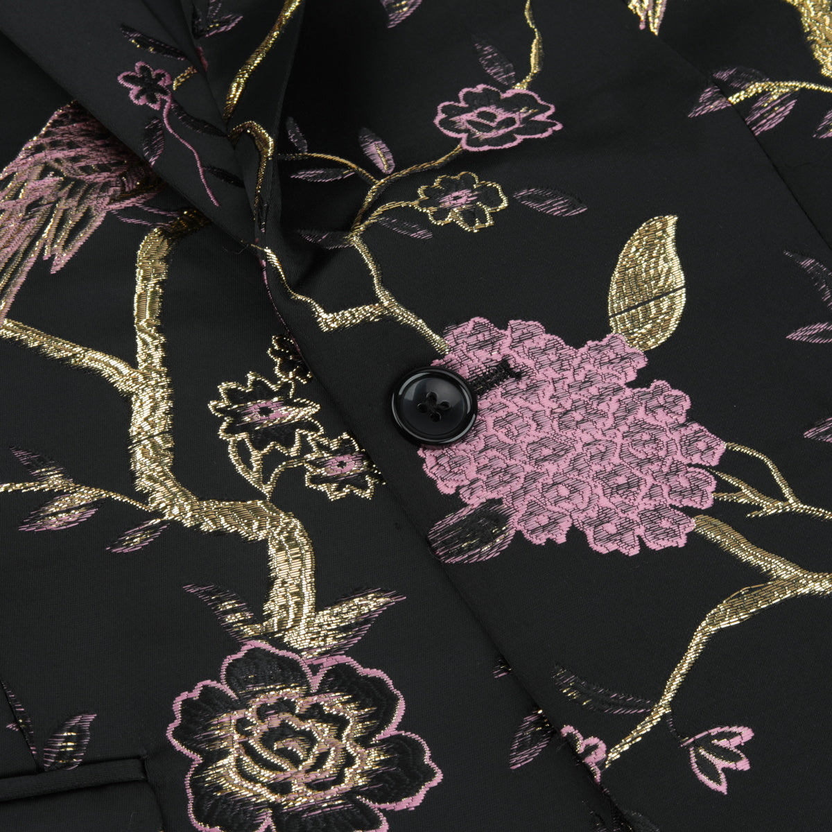 Pink # Men's one-button notched lapel embroidered blazer with single-breasted closure and slim fit, soft and breathable polyester spandex sport coat with elegant embroidery for party, prom, banquet, show, festival and special occasions, isolated on white background.