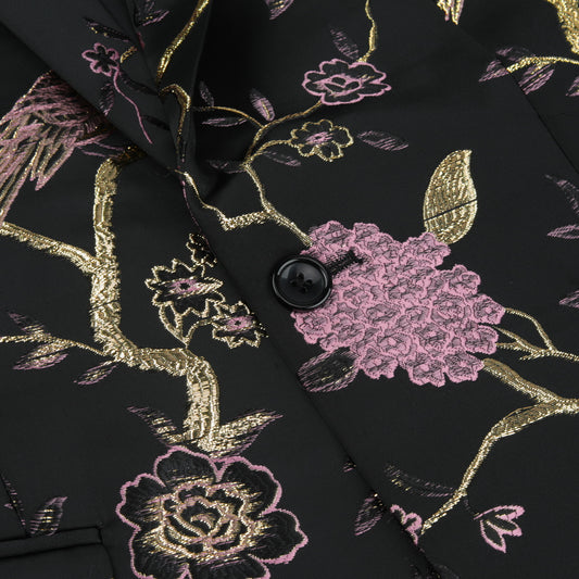 Pink # Men's one-button notched lapel embroidered blazer with single-breasted closure and slim fit, soft and breathable polyester spandex sport coat with elegant embroidery for party, prom, banquet, show, festival and special occasions, isolated on white background.