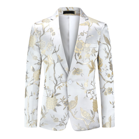 White # Men's one-button notched lapel embroidered blazer with single-breasted closure and slim fit, soft and breathable polyester spandex sport coat with elegant embroidery for party, prom, banquet, show, festival and special occasions, isolated on white background.