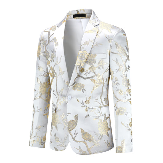 White # Men's one-button notched lapel embroidered blazer with single-breasted closure and slim fit, soft and breathable polyester spandex sport coat with elegant embroidery for party, prom, banquet, show, festival and special occasions, isolated on white background.