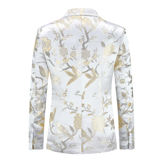 White # Men's one-button notched lapel embroidered blazer with single-breasted closure and slim fit, soft and breathable polyester spandex sport coat with elegant embroidery for party, prom, banquet, show, festival and special occasions, isolated on white background.