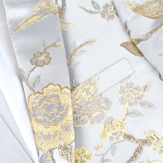 White # Men's one-button notched lapel embroidered blazer with single-breasted closure and slim fit, soft and breathable polyester spandex sport coat with elegant embroidery for party, prom, banquet, show, festival and special occasions, isolated on white background.