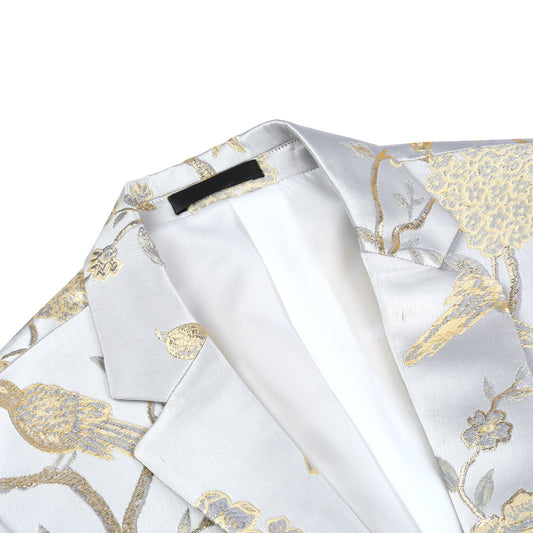 White # Men's one-button notched lapel embroidered blazer with single-breasted closure and slim fit, soft and breathable polyester spandex sport coat with elegant embroidery for party, prom, banquet, show, festival and special occasions, isolated on white background.