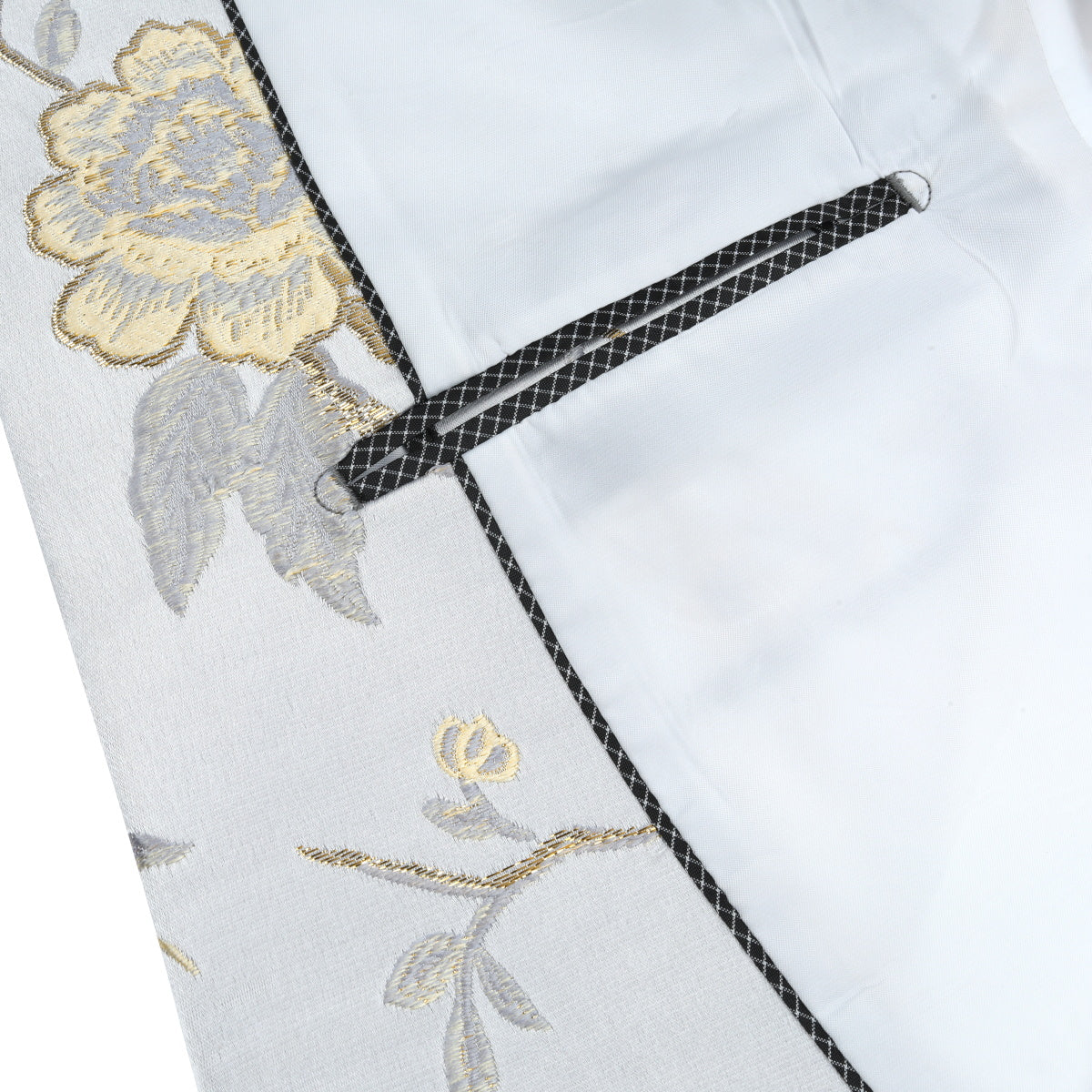 White # Men's one-button notched lapel embroidered blazer with single-breasted closure and slim fit, soft and breathable polyester spandex sport coat with elegant embroidery for party, prom, banquet, show, festival and special occasions, isolated on white background.