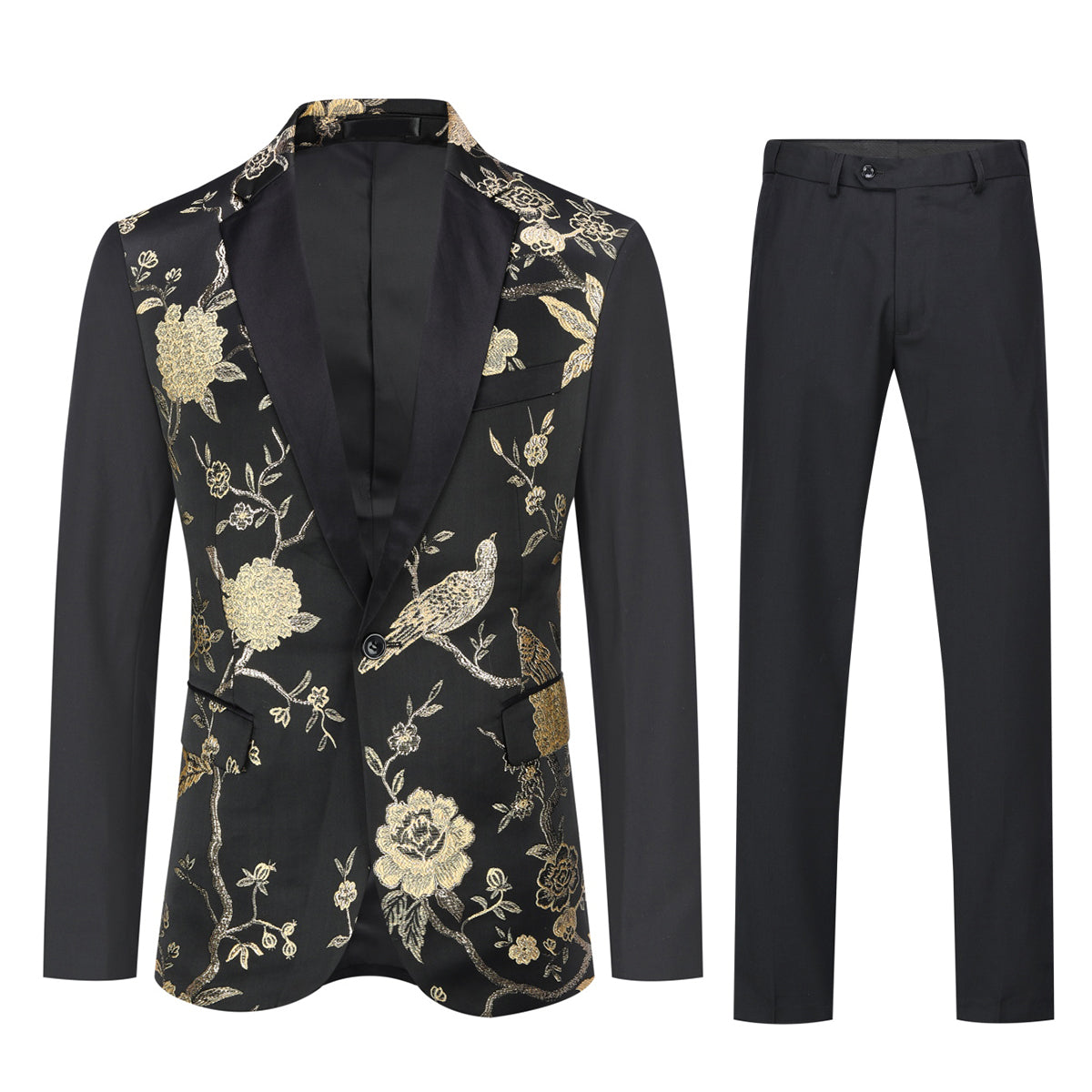 Black # Men's slim fit 2-piece embroidered floral suit with notched lapel and single-breasted closure, black formal blazer jacket with gold floral embroidery and center back vent, fully lined with matching trousers for wedding, prom, party and special occasions, isolated on white background.