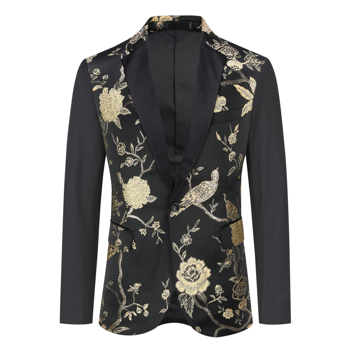 Black # Men's slim fit 2-piece embroidered floral suit with notched lapel and single-breasted closure, black formal blazer jacket with gold floral embroidery and center back vent, fully lined with matching trousers for wedding, prom, party and special occasions, isolated on white background.