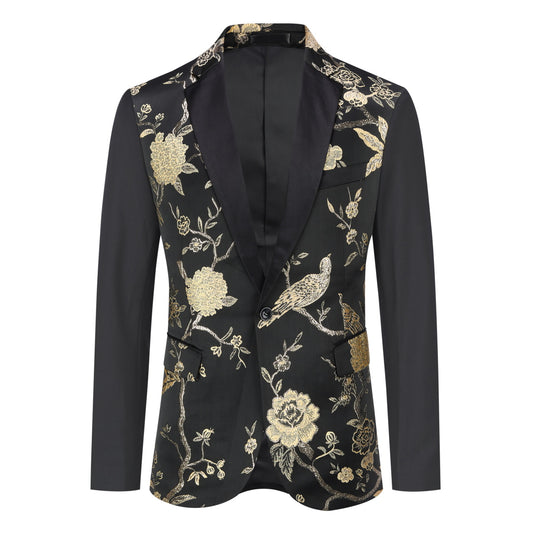 Black # Men's slim fit 2-piece embroidered floral suit with notched lapel and single-breasted closure, black formal blazer jacket with gold floral embroidery and center back vent, fully lined with matching trousers for wedding, prom, party and special occasions, isolated on white background.