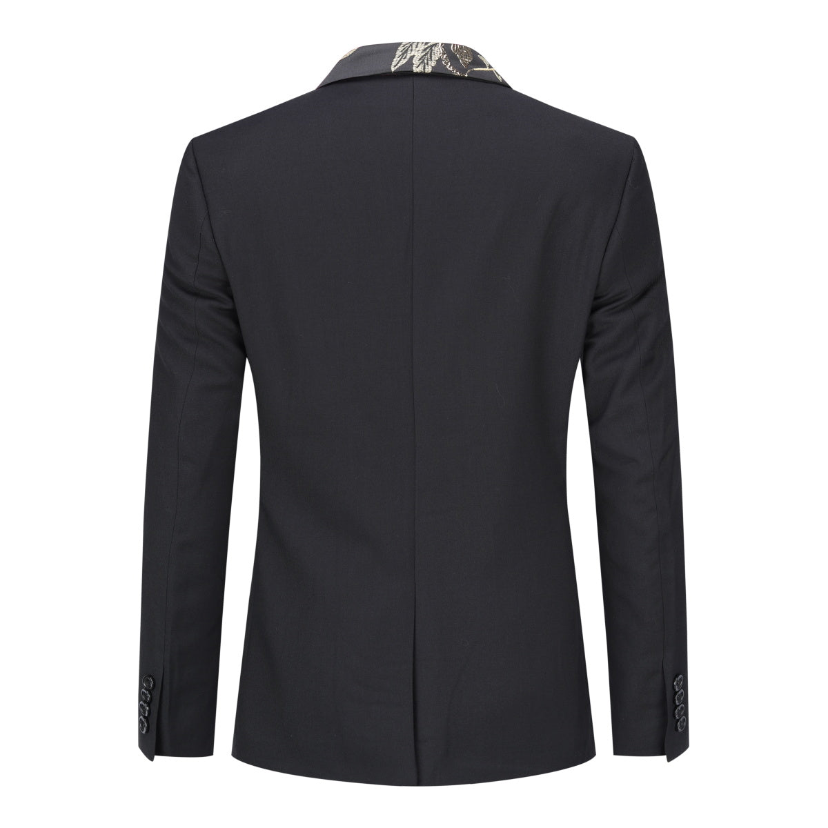 Black # Men's slim fit 2-piece embroidered floral suit with notched lapel and single-breasted closure, black formal blazer jacket with gold floral embroidery and center back vent, fully lined with matching trousers for wedding, prom, party and special occasions, isolated on white background.