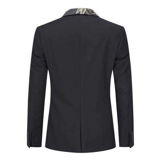 Black # Men's slim fit 2-piece embroidered floral suit with notched lapel and single-breasted closure, black formal blazer jacket with gold floral embroidery and center back vent, fully lined with matching trousers for wedding, prom, party and special occasions, isolated on white background.