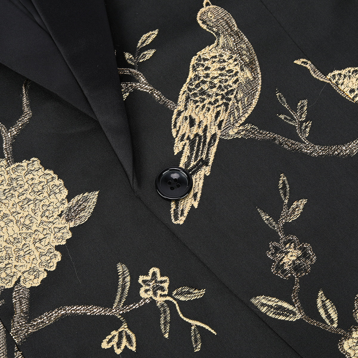 Black # Men's slim fit 2-piece embroidered floral suit with notched lapel and single-breasted closure, black formal blazer jacket with gold floral embroidery and center back vent, fully lined with matching trousers for wedding, prom, party and special occasions, isolated on white background.