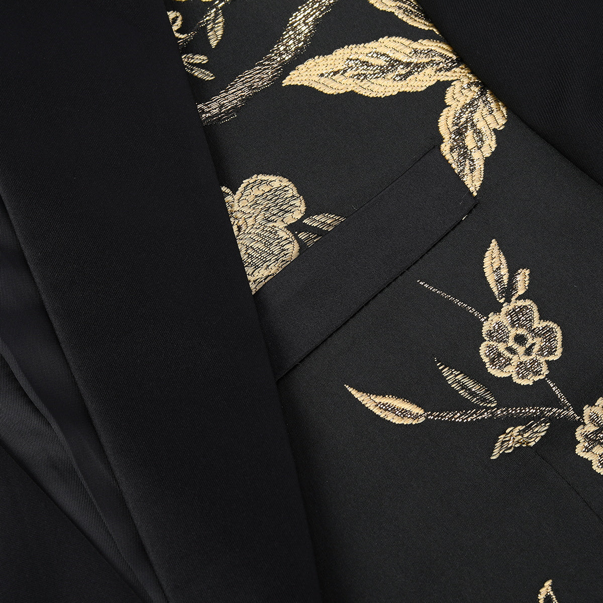 Black # Men's slim fit 2-piece embroidered floral suit with notched lapel and single-breasted closure, black formal blazer jacket with gold floral embroidery and center back vent, fully lined with matching trousers for wedding, prom, party and special occasions, isolated on white background.