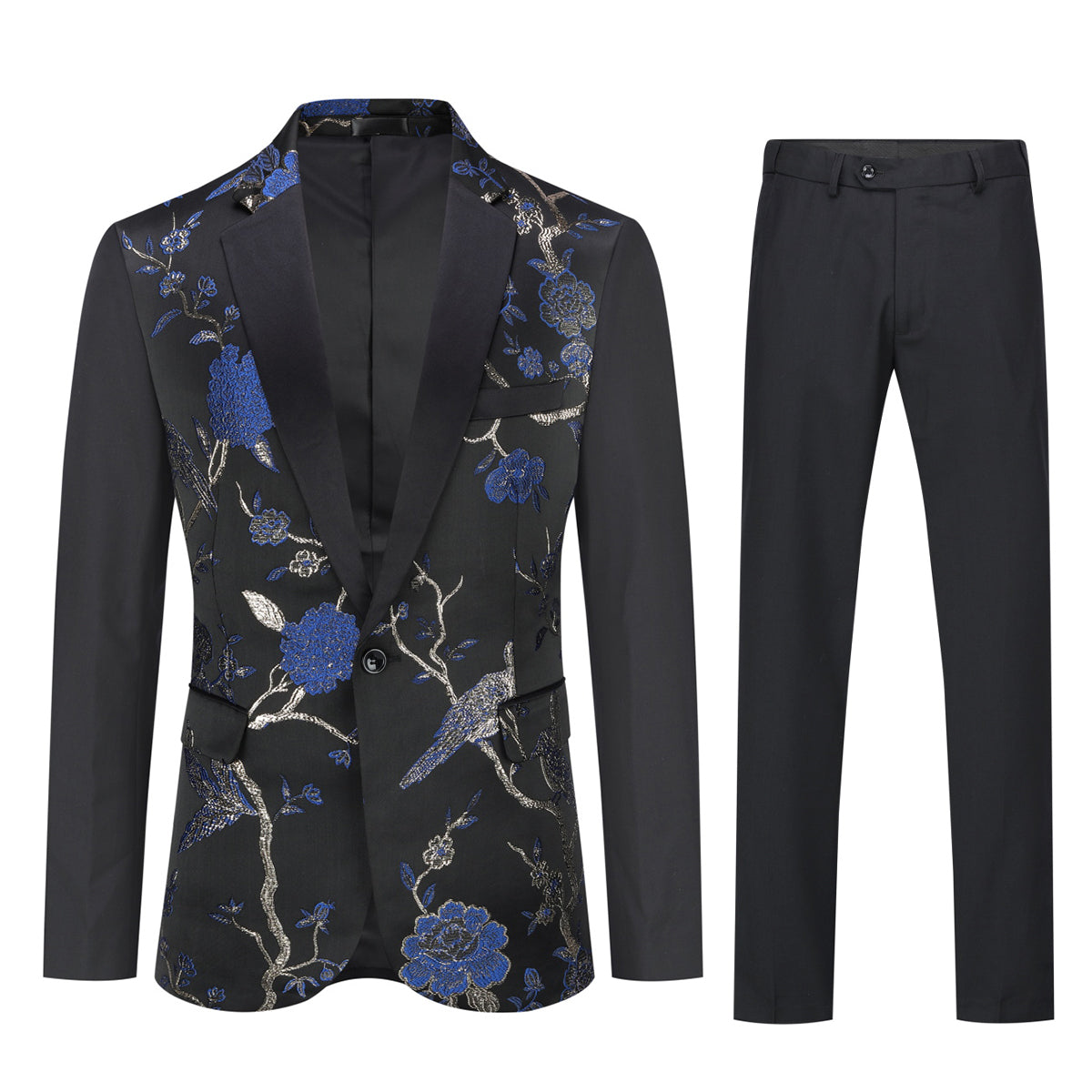 Blue # Men's slim fit 2-piece embroidered floral suit with notched lapel and single-breasted button closure, blue formal blazer jacket with center vent and fully lined interior, matching flat-front trousers for wedding, prom, party and formal occasions, isolated on white background.