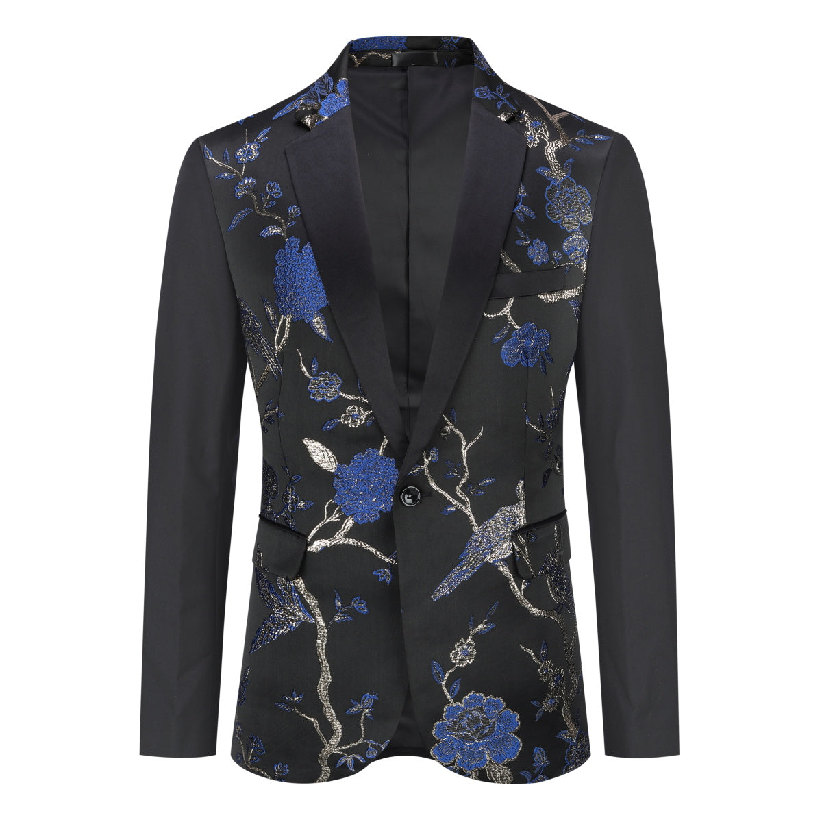 Blue # Men's slim fit 2-piece embroidered floral suit with notched lapel and single-breasted button closure, blue formal blazer jacket with center vent and fully lined interior, matching flat-front trousers for wedding, prom, party and formal occasions, isolated on white background.