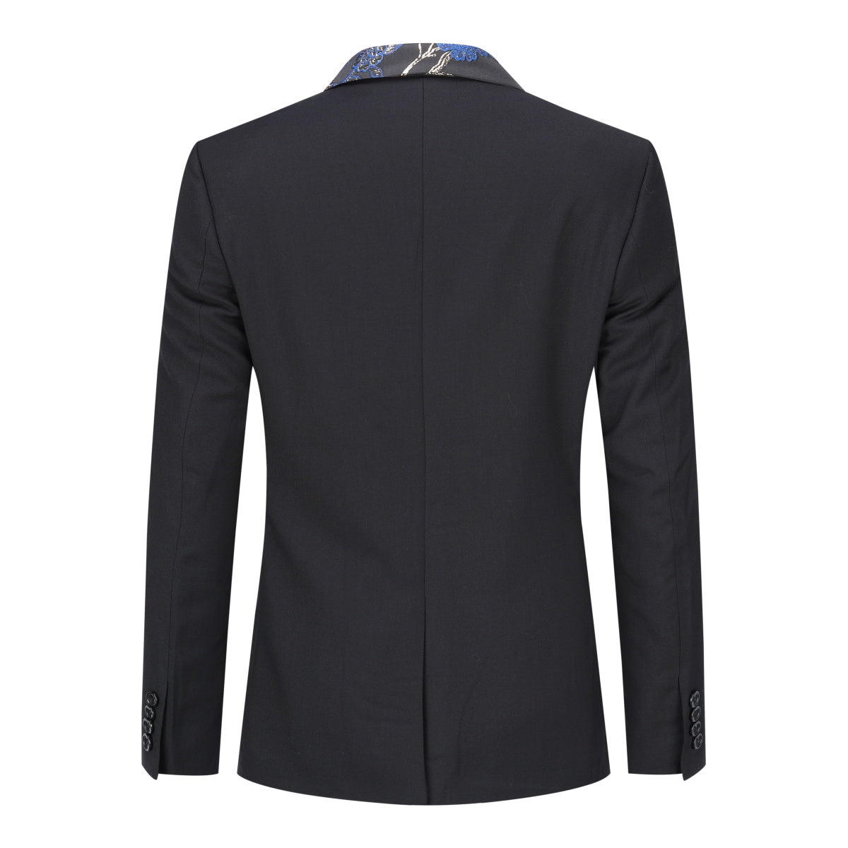Blue # Men's slim fit 2-piece embroidered floral suit with notched lapel and single-breasted button closure, blue formal blazer jacket with center vent and fully lined interior, matching flat-front trousers for wedding, prom, party and formal occasions, isolated on white background.
