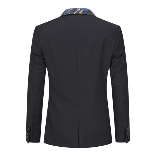 Blue # Men's slim fit 2-piece embroidered floral suit with notched lapel and single-breasted button closure, blue formal blazer jacket with center vent and fully lined interior, matching flat-front trousers for wedding, prom, party and formal occasions, isolated on white background.