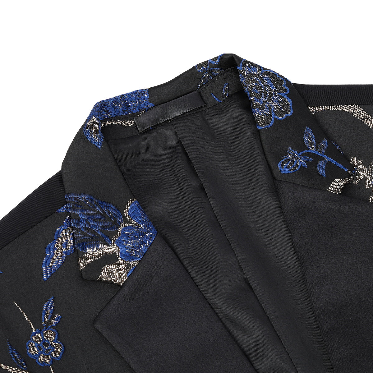 Blue # Men's slim fit 2-piece embroidered floral suit with notched lapel and single-breasted button closure, blue formal blazer jacket with center vent and fully lined interior, matching flat-front trousers for wedding, prom, party and formal occasions, isolated on white background.