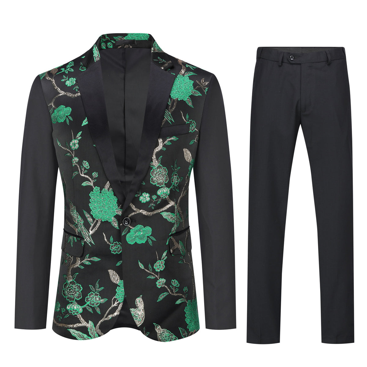 Green # Men's slim fit 2-piece embroidered floral suit with notched lapel and single-breasted button closure, green formal blazer jacket with center back vent and fully lined interior, matching flat-front trousers for wedding, prom, party and special occasions, isolated on white background.