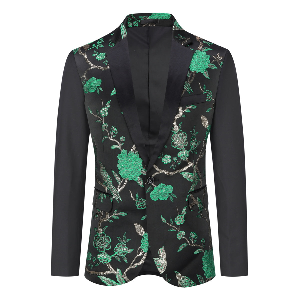 Green # Men's slim fit 2-piece embroidered floral suit with notched lapel and single-breasted button closure, green formal blazer jacket with center back vent and fully lined interior, matching flat-front trousers for wedding, prom, party and special occasions, isolated on white background.